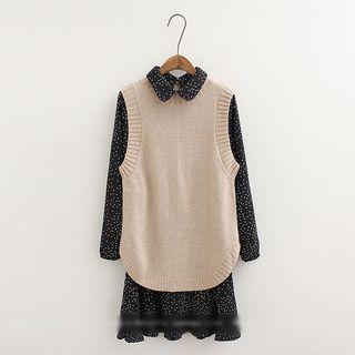 Set: Long-sleeve Collared A-line Dress + Knit Vest