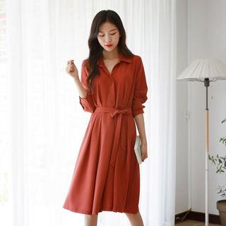 Open-placket Flared Shirtdress With Sash