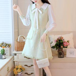 Tie-neck Long-sleeve Panel A-line Dress