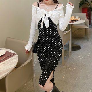 Spaghetti Strap Dot Print Mini Dress / Bow Cardigan