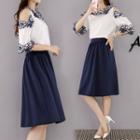 Set: Crochet Trim Elbow-sleeve Cold-shoulder Top + A-line Skirt