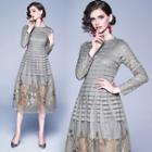 Long-sleeve Embroidered Stripe Midi A-line Lace Dress