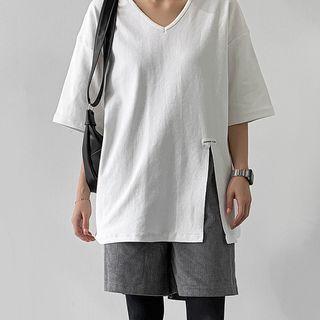 Patched Deep-slit Napped T-shirt