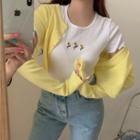 Flower Embroidered Short-sleeve T-shirt / Plain Cardigan