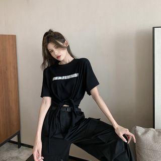 Printed Letter Bow Short-sleeve Top