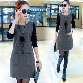 Mock Two-piece Long-sleeve Two-tone Mini Dress