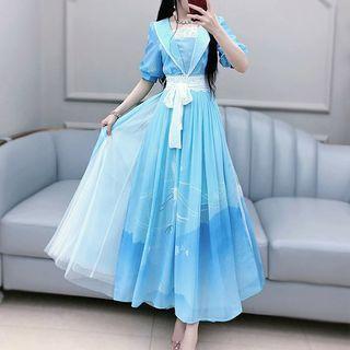 Crane Print Mesh Panel Short-sleeve Maxi A-line Dress