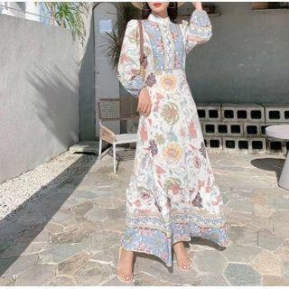 Long-sleeve Floral Print Midi Dress Floral Print - White - One Size