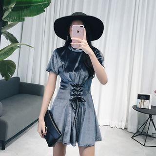 Short-sleeve Lace-up A-line Velvet Dress