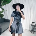 Short-sleeve Lace-up A-line Velvet Dress