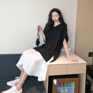 Elbow-sleeve Paneled Midi A-line Dress Black - One Size