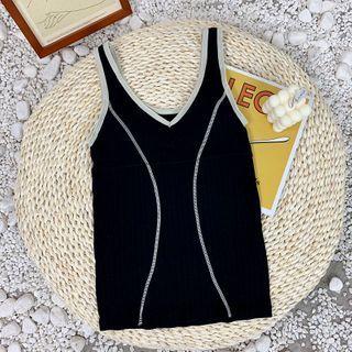Contrast Trim V-neck Tank Top As Shown In Figure - One Size