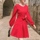 Puff-sleeve Plain A-line Dress