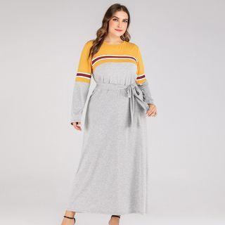 Long-sleeve Sashed Midi A-line T-shirt Dress