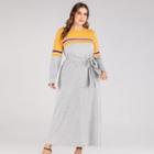 Long-sleeve Sashed Midi A-line T-shirt Dress