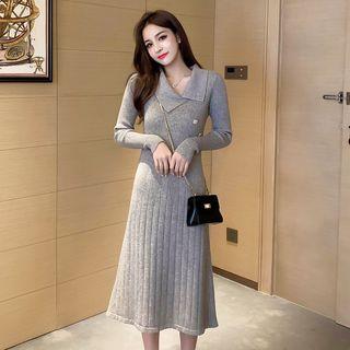 Long-sleeve Buttoned Plain Knit Dress
