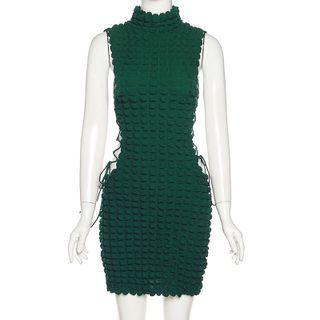 Sleeveless Mock-neck Lace-up Cutout Mini Dress