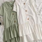 Asymmetric Short-sleeve Pleated Shirt Dress Green - One Size