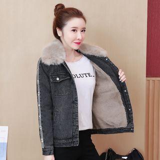 Faux Fur Trim Lettering Denim Jacket