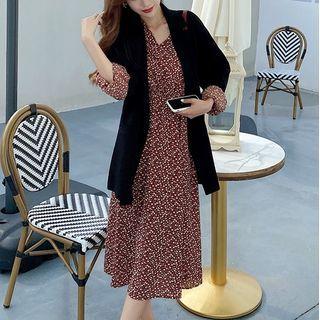 Blazer / Long-sleeve Floral Print Midi A-line Dress / Set