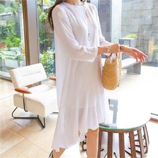 3/4-sleeve Ruffle-hem Dip-back A-line Dress