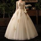 Short-sleeve Lace Panel A-line Wedding Gown / Set