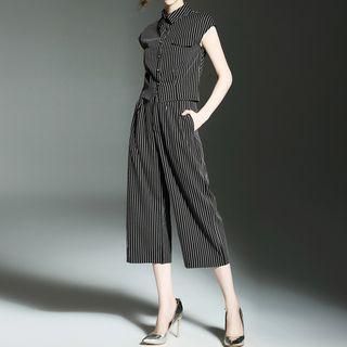 Set: Sleeveless Pinstriped Blouse + Cropped Wide Leg Pants