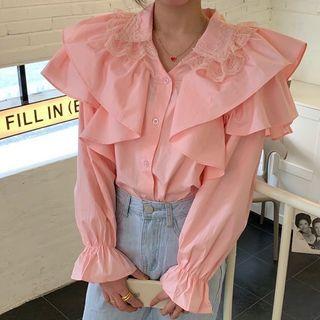 Bell-sleeve Ruffled Lace Trim Shirt