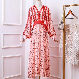 Long-sleeve Printed Lace Trim Maxi Dress