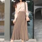 V-neck Blouse / Knit Pleated Midi Skirt