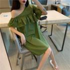 One-shoulder Ruffled-trim A-line Dress