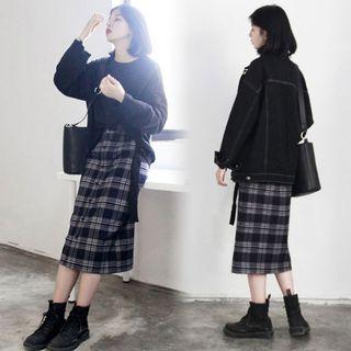 Set: Plain Pullover + Plaid Midi Straight-fit Skirt