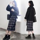 Set: Plain Pullover + Plaid Midi Straight-fit Skirt