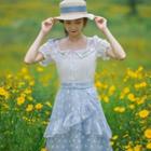 Flower Embroidered Short-sleeve Blouse / Flower Print Midi A-line Skirt