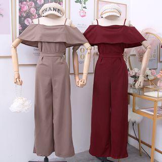 Set: Off-shoulder Ruffled Top + Wide-leg Pants