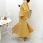 Set: Round-neck Cotton Pullover + Band-waist Flare Skirt