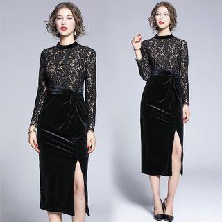 Long-sleeve Slit Lace Panel Midi Sheath Dress