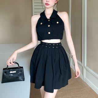 Halter-neck Button-up Top / Shirred A-line Skirt