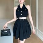 Halter-neck Button-up Top / Shirred A-line Skirt