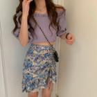 Off-shoulder Elbow-sleeve Top / Floral Print Mini A-line Skirt