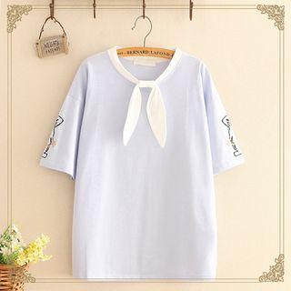 Rabbit-print Tie-neck Short-sleeve Top