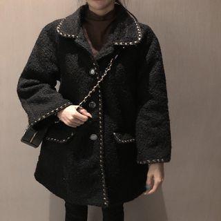 Contrast Trim Buttoned Fleece Coat