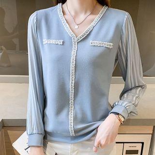Mock Two-piece Long-sleeve Striped Panel Chiffon Top