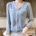 Mock Two-piece Long-sleeve Striped Panel Chiffon Top