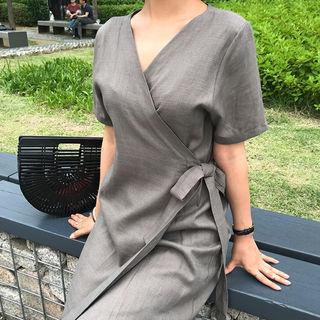 Surplice-wrap Linen Blend Midi Dress