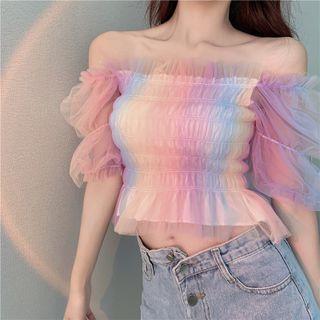 Short-sleeve Chiffon Smocked Blouse
