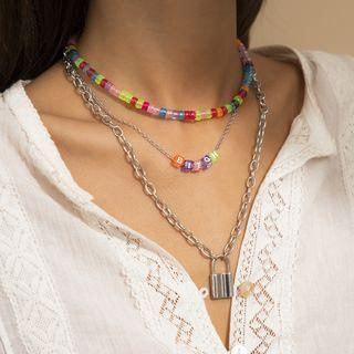 Lock Pendant Bead Layered Necklace