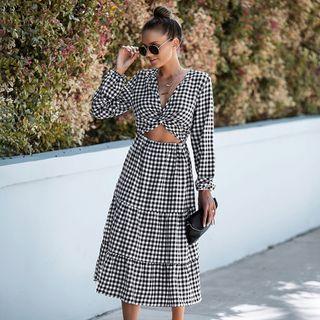 Mock Two-piece V-neck Plaid Cutout A-line Dress