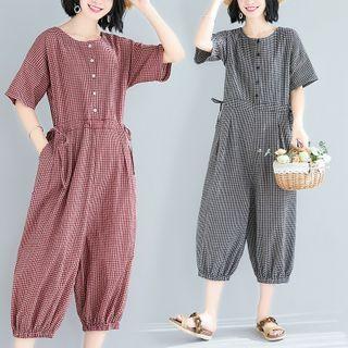 Short-sleeve Plaid Harem Jumpsuit