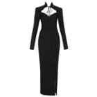 Long-sleeve Cutout Slit Sheath Cocktail Dress